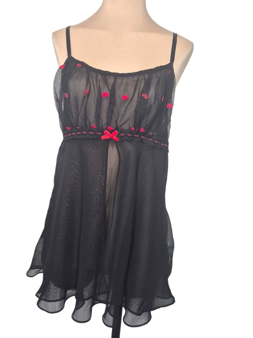 Inner Most Sears Black Sheer Chemise with Red Embroidered Accents Vintage Medium